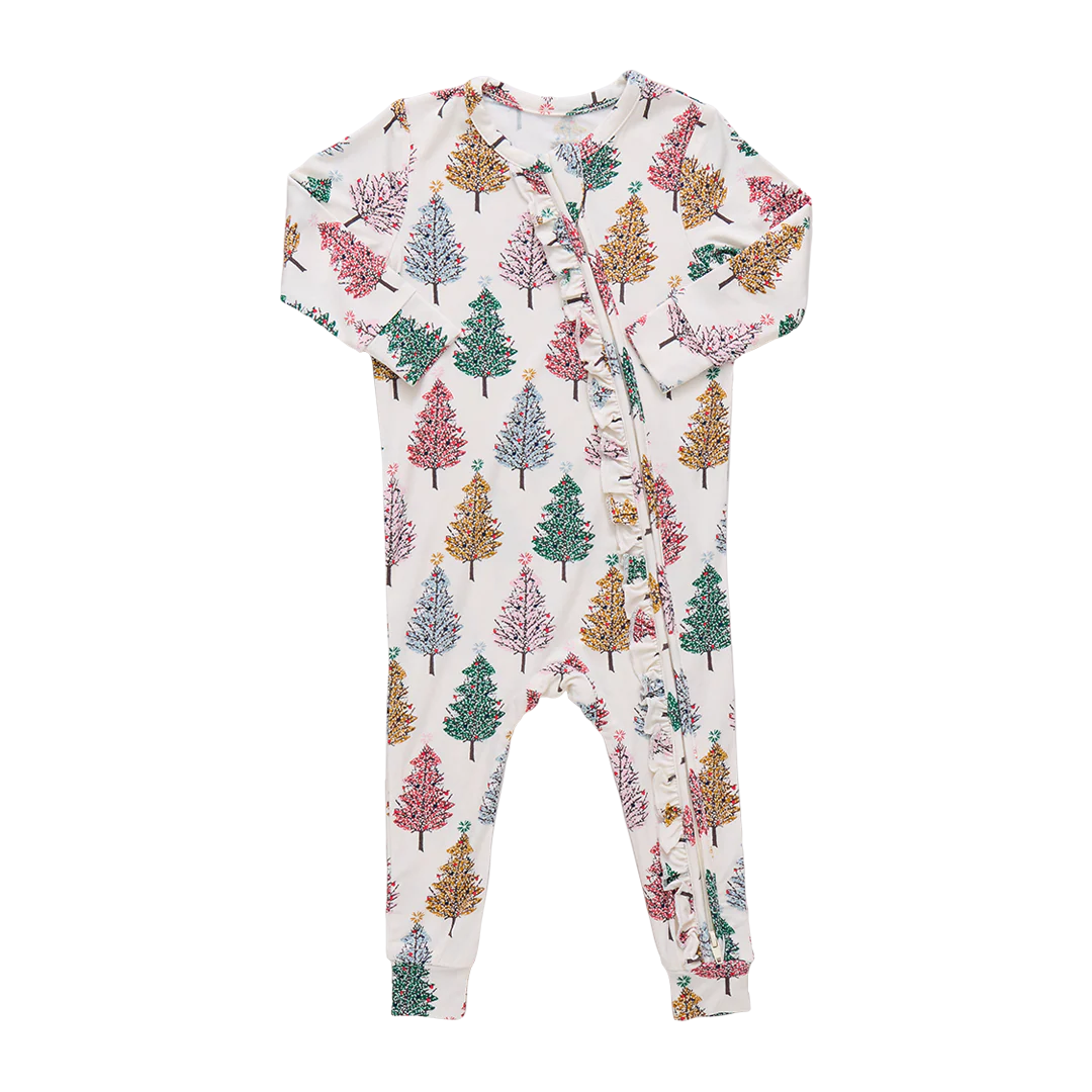 Baby Ruffle Bamboo Romper - Multi Christmas Trees