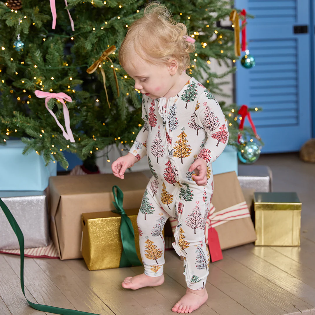 Baby Ruffle Bamboo Romper - Multi Christmas Trees - Image 2