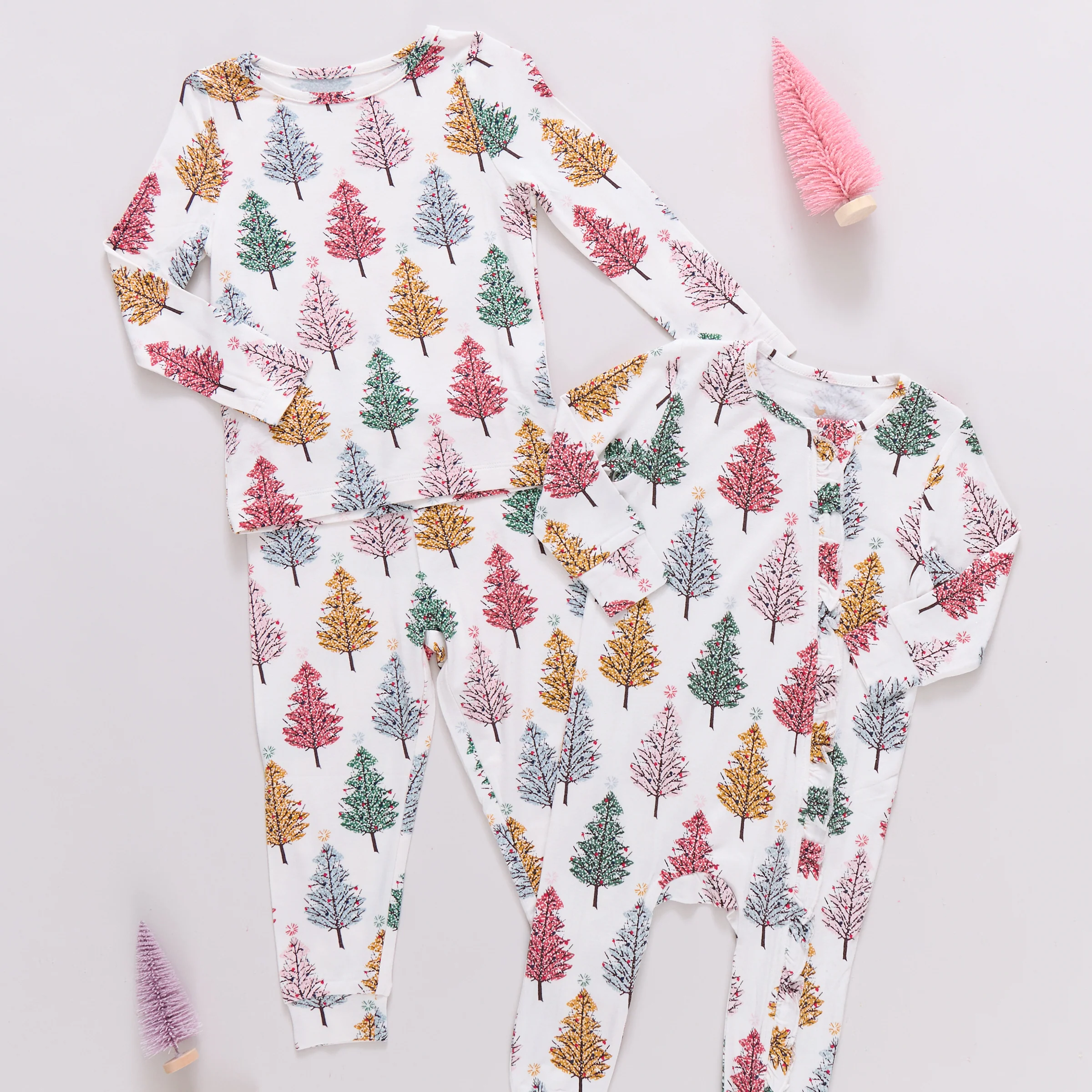 Baby Ruffle Bamboo Romper - Multi Christmas Trees - Image 3
