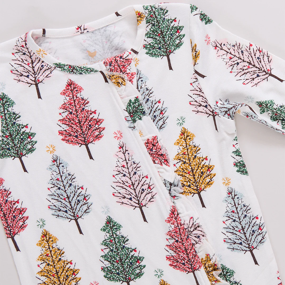 Baby Ruffle Bamboo Romper - Multi Christmas Trees - Image 4