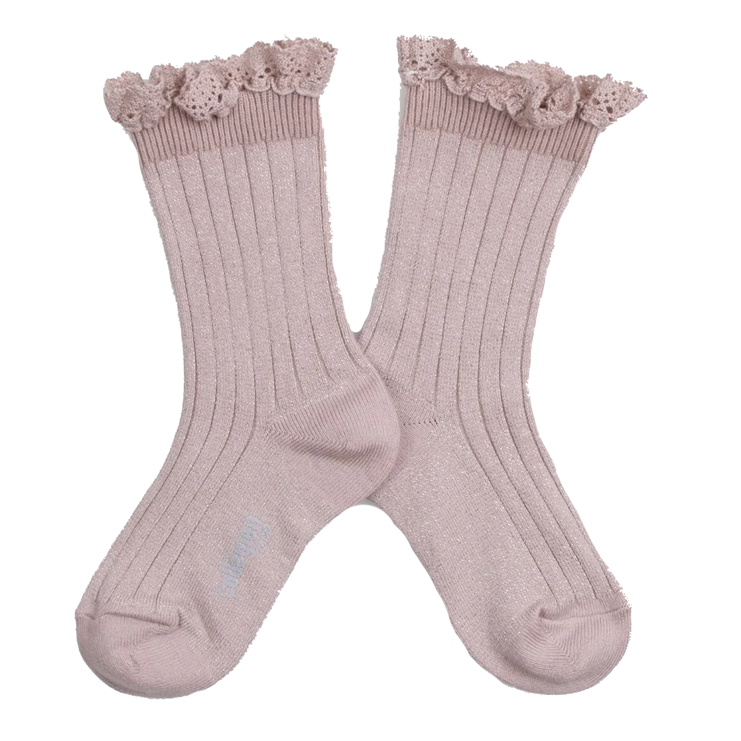 Glitter Ribbed Lace Crew Sock - Old Rose