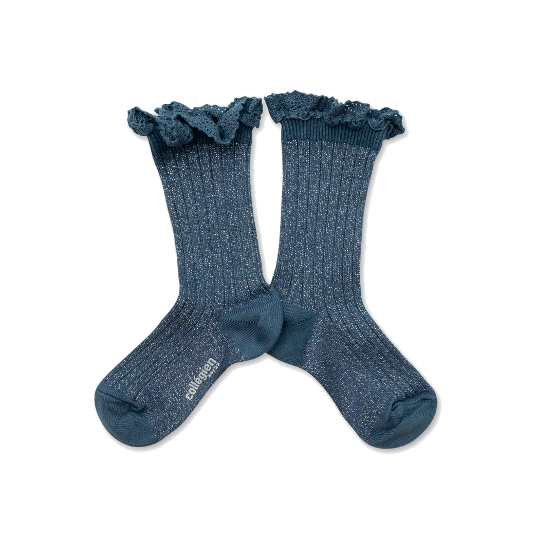 Glitter Ribbed Lace Crew Sock - Cendre Blue
