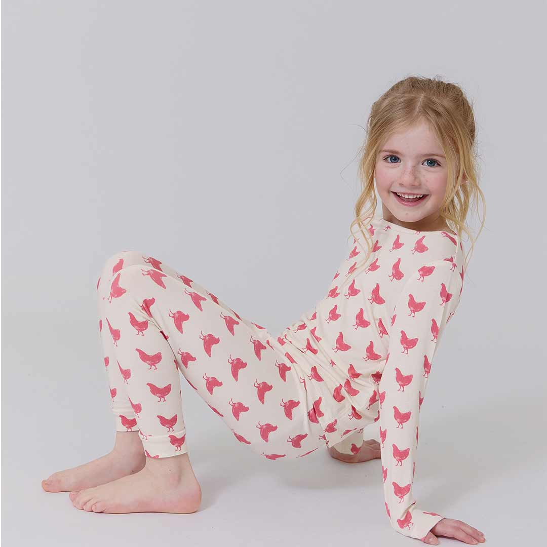 Kids Bamboo PJ Set - Pink Chickens - Image 3