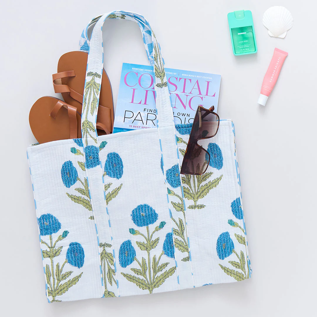 Large Reversible Quilted Tote - Blue Oversized Dandelion - Image 5