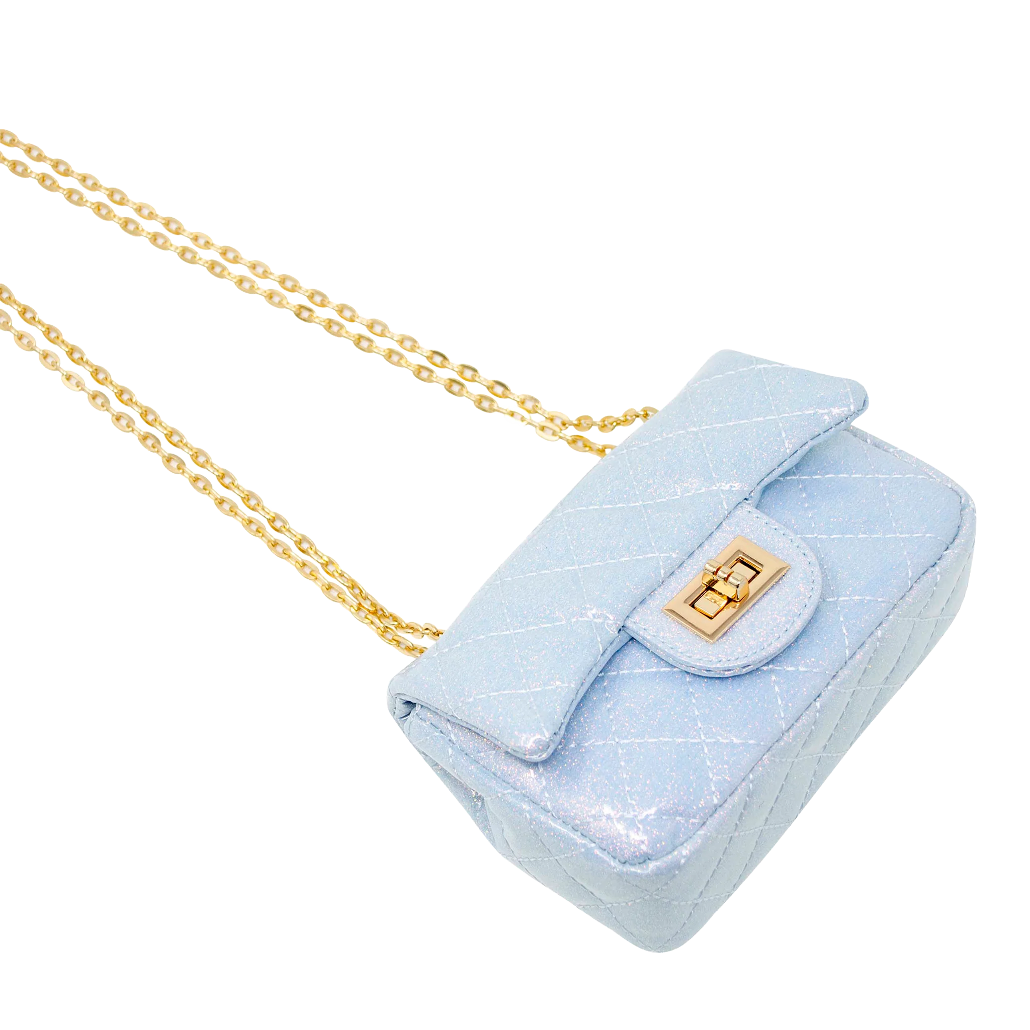 Quilted Metallic Gold Clasp Bag - Sky Blue - Image 4