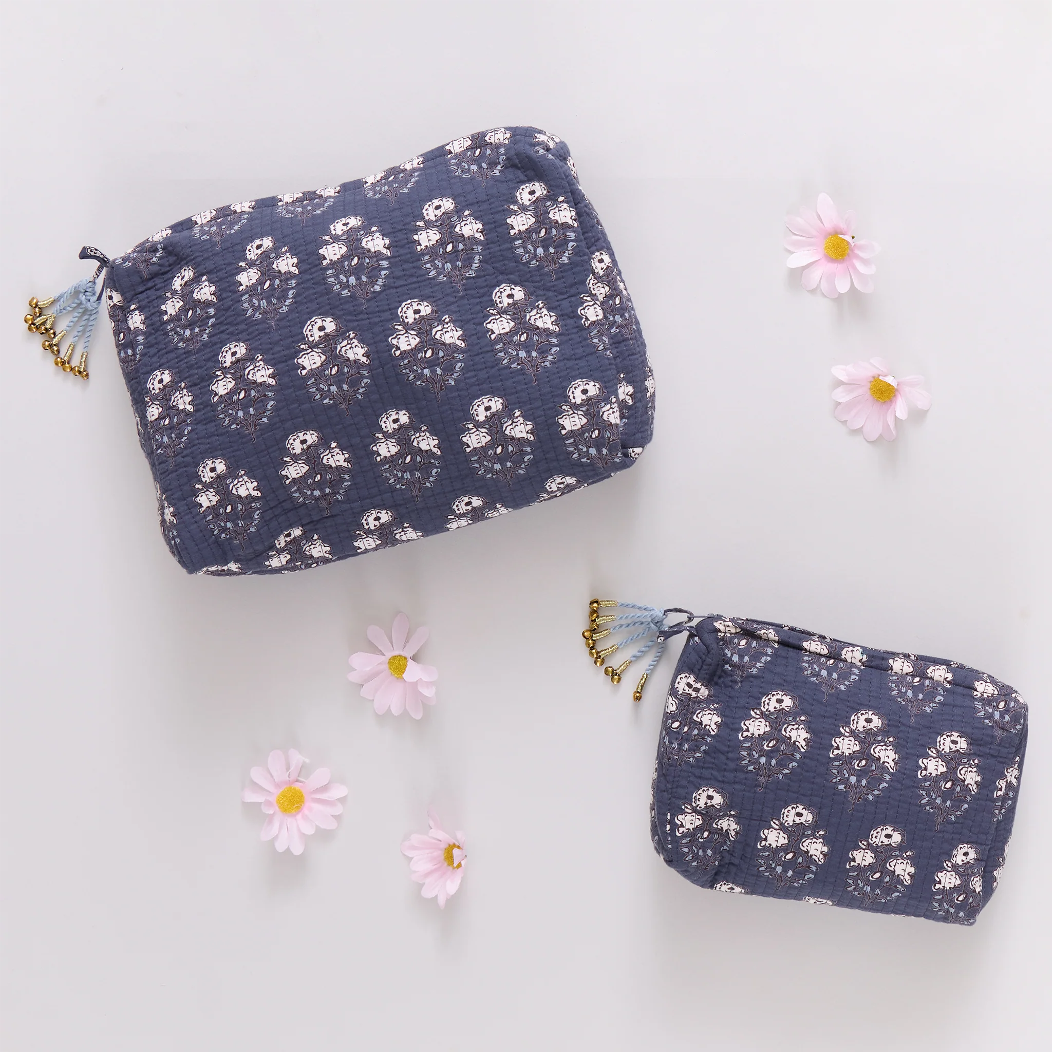 Small Quilted Pouch - Navy Strawflower - Image 2
