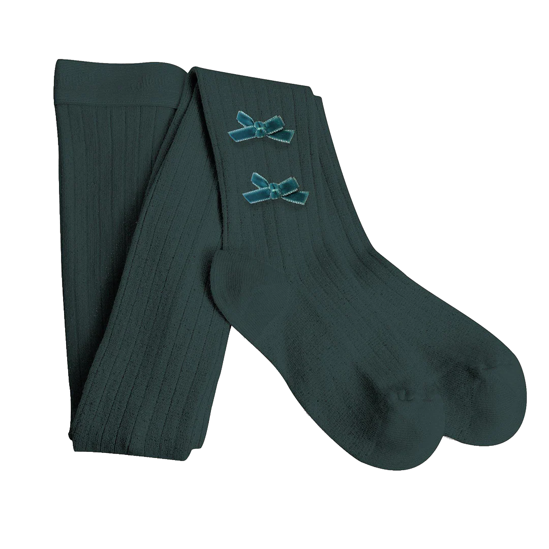 Velvet Bow Tights - Evergreen