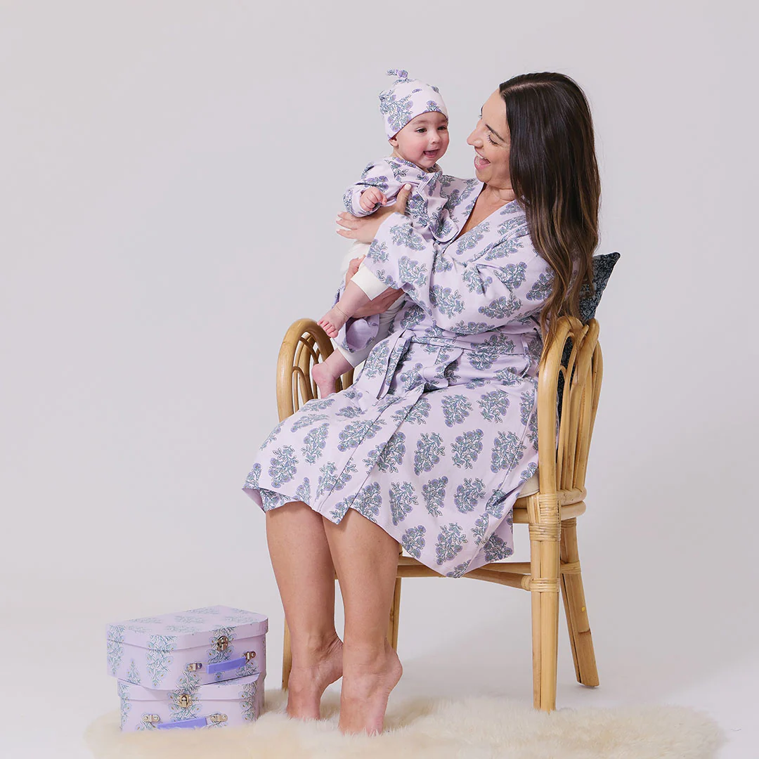 Womens Organic Robe - Lavender Bouquet Floral Blockprint - Image 2