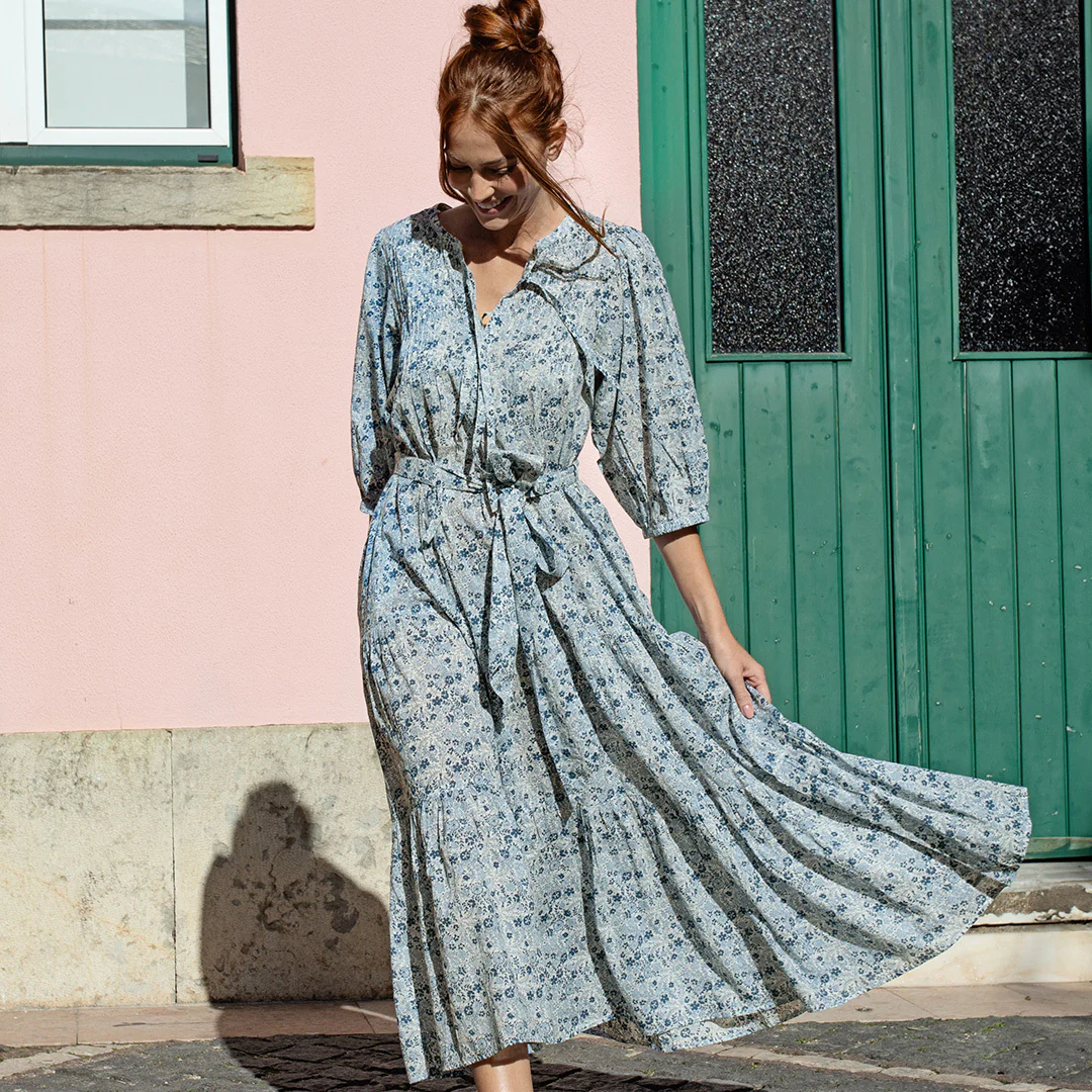 Womens Pintuck Indira Dress - Blue Verbena Floral