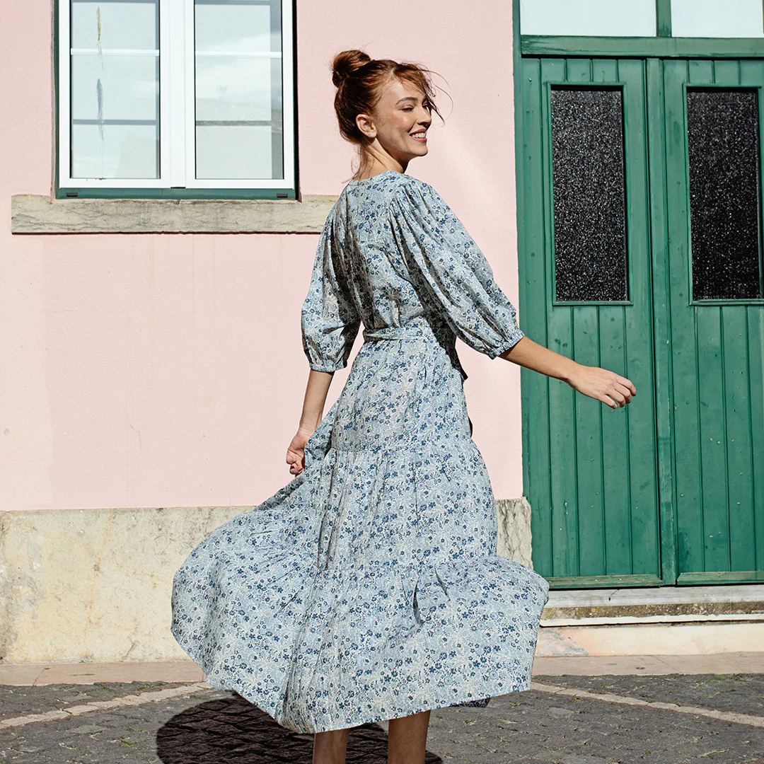 Womens Pintuck Indira Dress - Blue Verbena Floral - Image 3