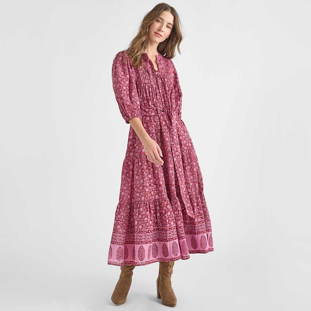 Womens Pintuck Indira Dress - Burgundy Garden Floral