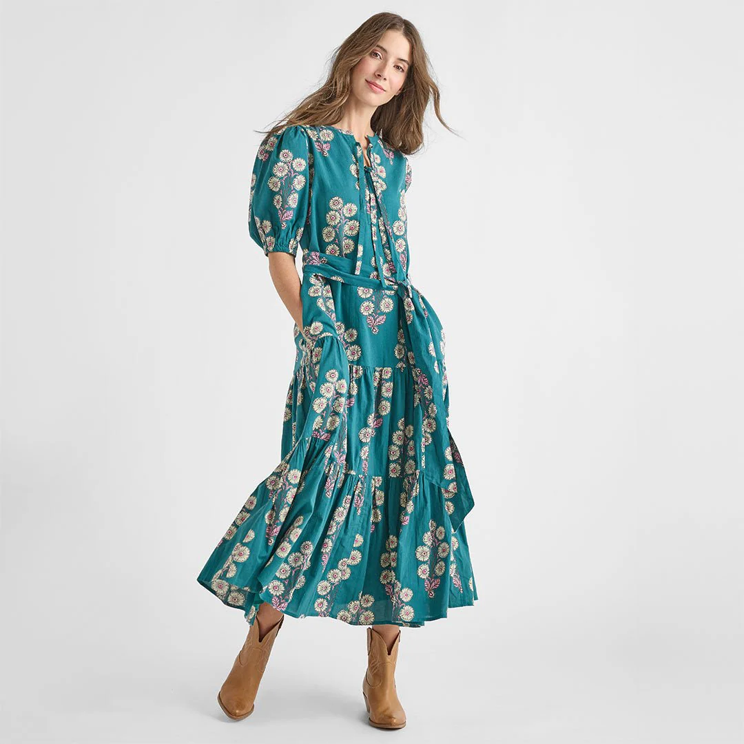 Womens Short Sleeve Indira Dress - Evergreen Buttercup Floral