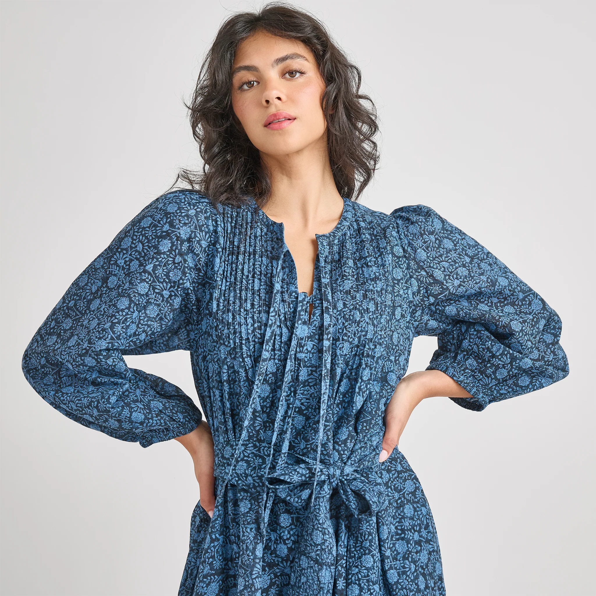 Womens Pintuck Indira Dress - Stellar Blue Garden Floral - Image 2